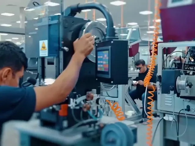 Operator working at a machine with a touch-screen control panel on a production floor.